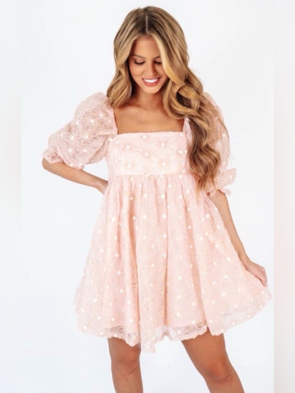 Storia Blush Pink Lace Mini Dress with Puff Sleeves
